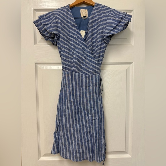 Harper Dresses & Skirts - Francesca’s Harper Heritage Blue/White Striped Flutter Sleeve Wrap Dress Size XS